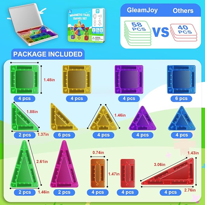 Mini Magnetic Tiles, 58PCS Travel Magnetic Tiles with Iron Box, STEM Educational Construction Toys for Kids Ages 3+, Portable Building Toys Gift for Boys & Girls