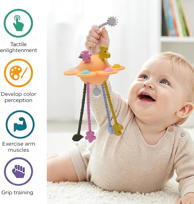 Silicone Baby Sensory Montessori Toys & Pull String Teething Toys for 6-12-18 Months, Toddler Birthday Gift Car Seat Airplane Travel Toy for 1 2 Year Old Boy Girl Infant 8 9 10 Months Old (Orange)