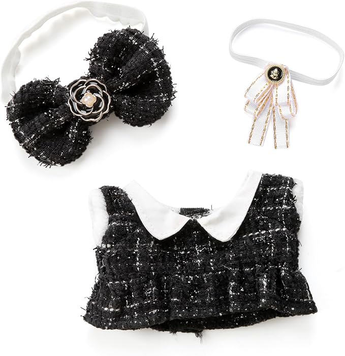 17cm Doll Clothes for labubu - Luxury Chic Style Set for 17cm Dolls, Premium Doll Outfit with Accessories - Black Plaid Tweed Dress + White Necktie + Plaid Bow (Clothes Only)