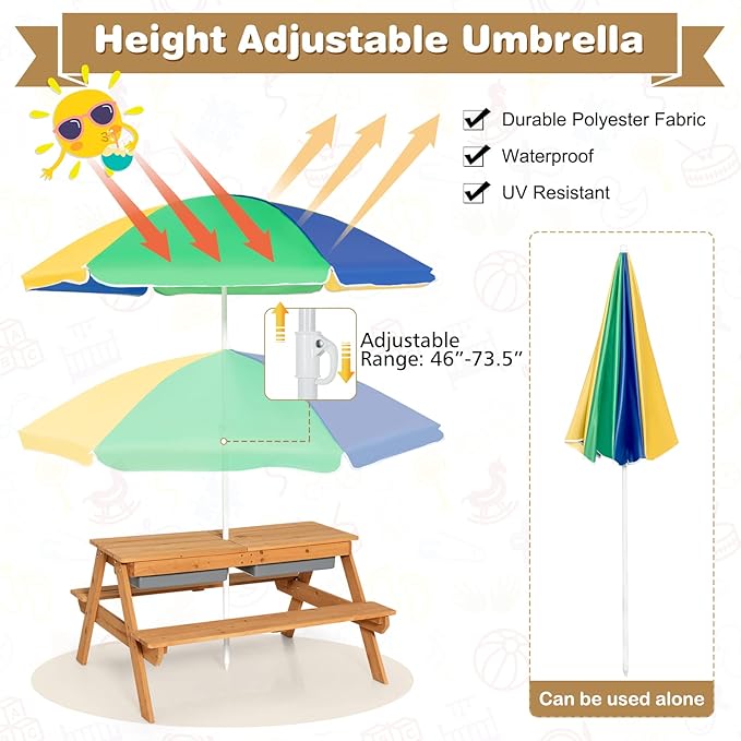 HONEY JOY Kids Picnic Table, 4 in 1 Cedar Wooden Sand & Water Table w/ 2 Removable Box & Umbrella, Kids Picnic Tables for Outdoors Backyard Garden, Toddler Patio Furniture Set for Boys Girls(Colorful)