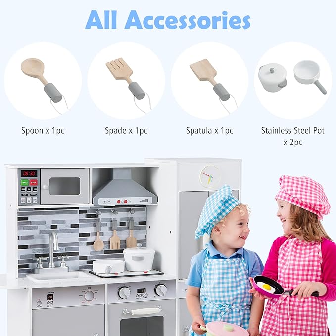 INFANS Kid Kitchen Playset, Toddler Wooden Pretend Cooking Set with Realistic Light & Sound, Stove, Sink, Microwave, Storage Cabinet, Play Kitchen Toy Set for Children Boys Girls (Grey)