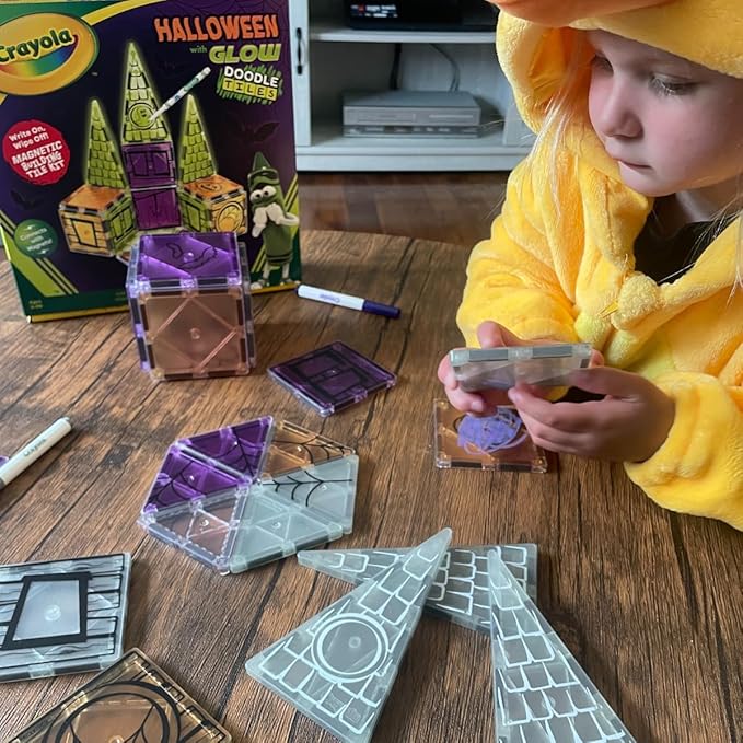 CreateOn Crayola Halloween Glow Doodle Magnetic Tiles Set, Building Set for Kids, STEM Toys for Boys and Girls Ages 3 and Up, 25-Piece Set