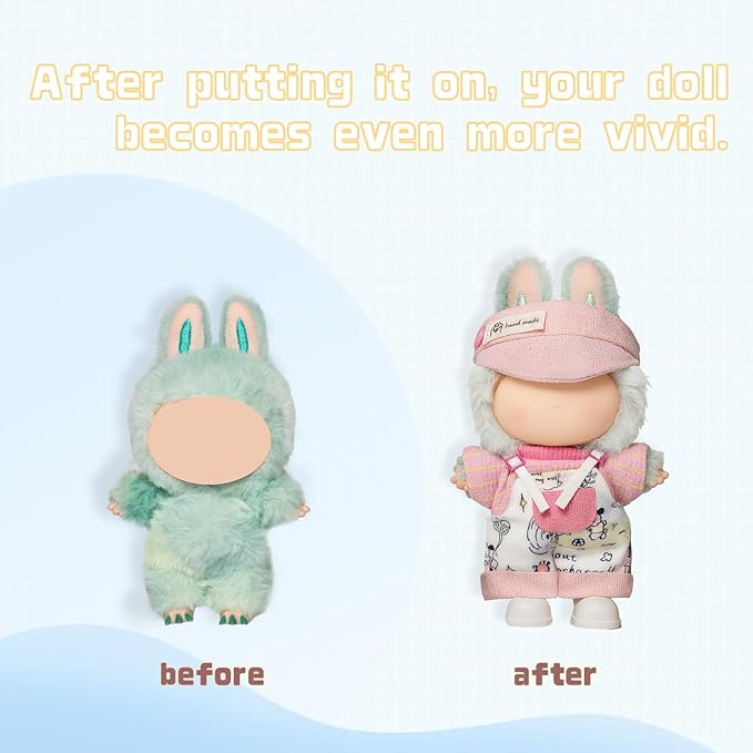 4-Piece Clothes for 17cm Doll, Cute Outfit Set with Hat, Sweater, Overalls, Shoes, Stylish Adorable Dolls Accessories for Display & Dress-Up (No Doll)