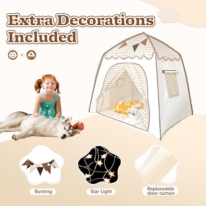 Toddler Bed Tent, Kids Play Tent with Flags, Star String, Portable Bed Canopy for Boys & Girls, Children, Indoor Outdoor Dome Playhouse, Khaki Plaid, 51" x 39" x 51"