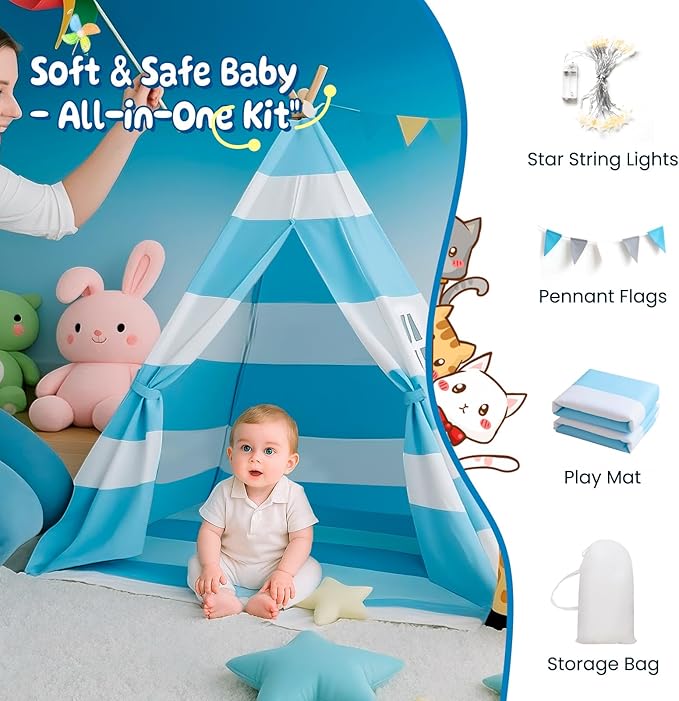 Teepee Tent for Kids with Padded Mat, Lights, and Carry Bag, Washable Playhouse for Indoor Use, Ideal Play Tent for Girls and Boys,Stripe Blue