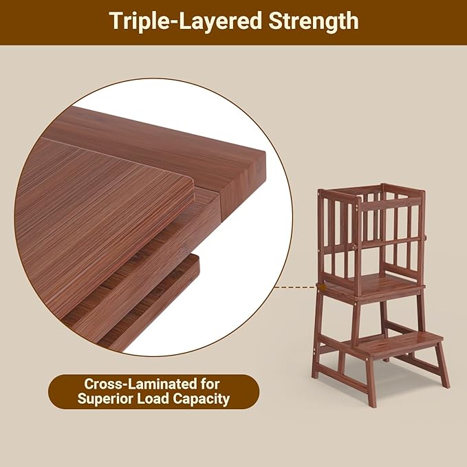 COSYLAND Toddler Kitchen Stool Helper – Stable A-Frame Design Kids Kitchen Step Stool with Protective Crossbar – Wooden Toddler Standing Tower for Learning in Bathroom (Brown)