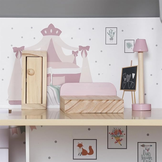 Wooden Dream Playhouse for Girls with Balcony,Doll House for Kids with Furniture,DIY Pretend Play House Toy, Children Dollhouses Toys with 12 PCS Accessories,Birthday Gifts for Boys Girls Ages 3+