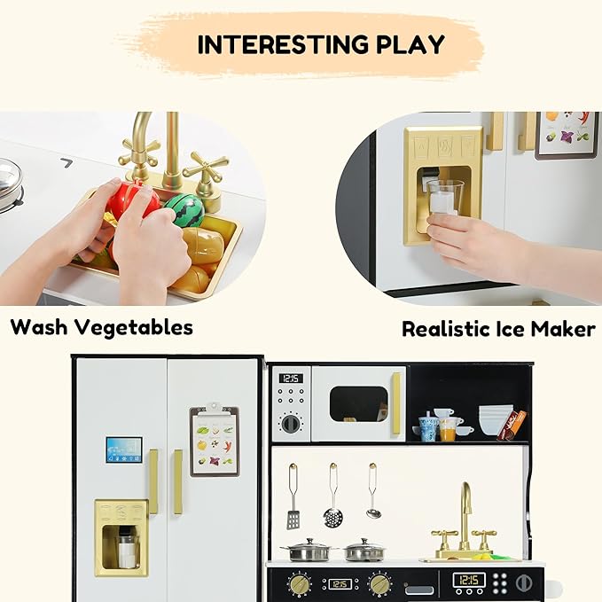 Play Kitchen Sets for Kids, Pretend Wooden Kids Kitchen Playset, Interactive Toy Kitchen with Freezer, Washing Machine, Ice Maker & Large Storage Space, for Boys Girls Ages 3+, Black