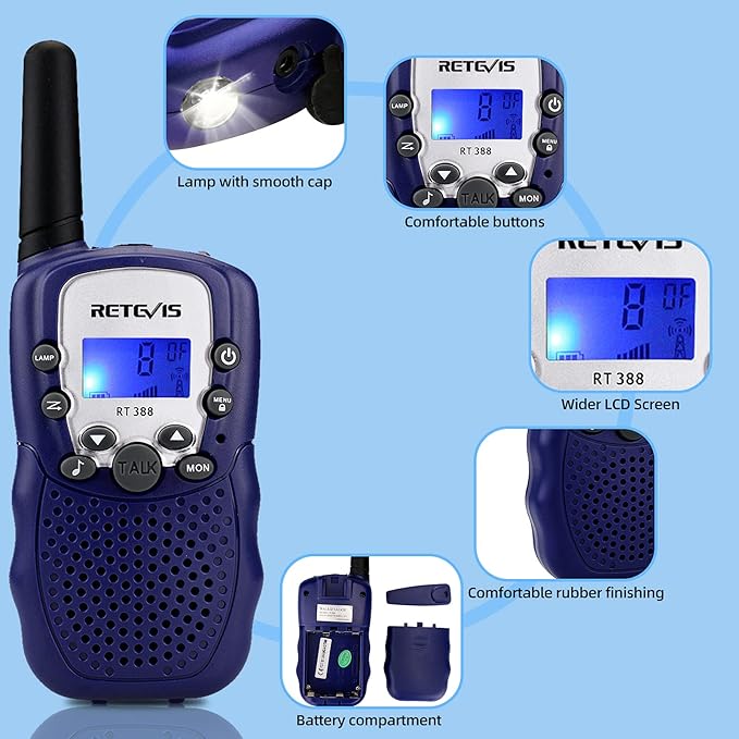 Retevis RT388 Kids Walkie Talkies, Toys for 6-12 Year Old Boys Girls, Walkie Talkies for Kids 22CH 2 Way Radio, VOX Flashlight LCD Backlit, Toys Gifts for Outdoor Stocking Stuffers(Dark Blue,1 Pair)