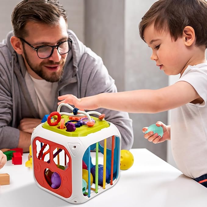 AiTuiTui Multifunction Baby Sensory Montessori Activity Cube Toys, Shape Sorter Early Learning Educational Interactive Toys for Infant Toddlers Boy Girl, Birthday Gifts Christmas Stocking Stuffers