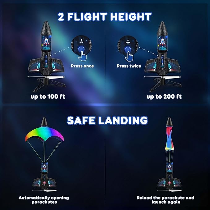 Rocket Launcher for Kids with Launch Set Up to 200 Ft Air Model Rocket Toy with Parachute, Space Ship Outdoor Toys for Ages 8-13 Boy Birthday Gift Birthday Gift for Kids