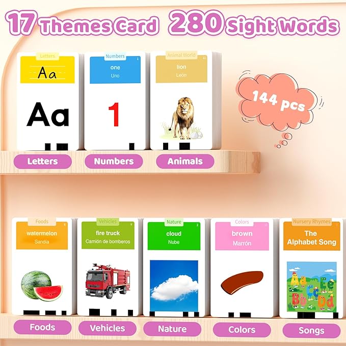 HOMESTEC Toddlers Bilingual Spanish & English Talking Flash Cards with 288 Sight Words, Speech Therapy Toys for 1 2 3 4 5 6 Years Old Boys and Girls, Learning Educational Kids Gifts (Pink)