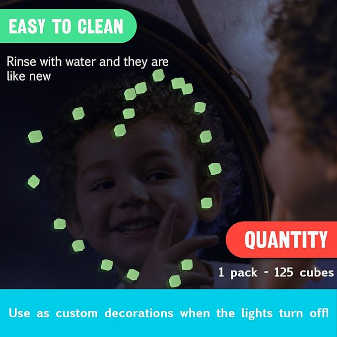 KOMARC GAMES StickiKubes, Mini Stacking Cubes That Stick to Anything, Non Toxic Kid Safe Sticky Blocks, Creative Construction Toy - 125 Cubes, Glow in The Dark, Tub