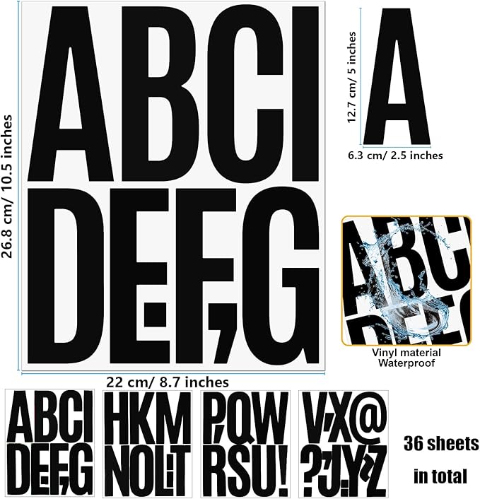Bemeol 351 Pieces 36 Sheets Letter Stickers Big Font Alphabet Letter Stickers 5 Inch Self Adhesive Letters for Bulletin Board Classroom Mailbox Door Home Decor(Black)