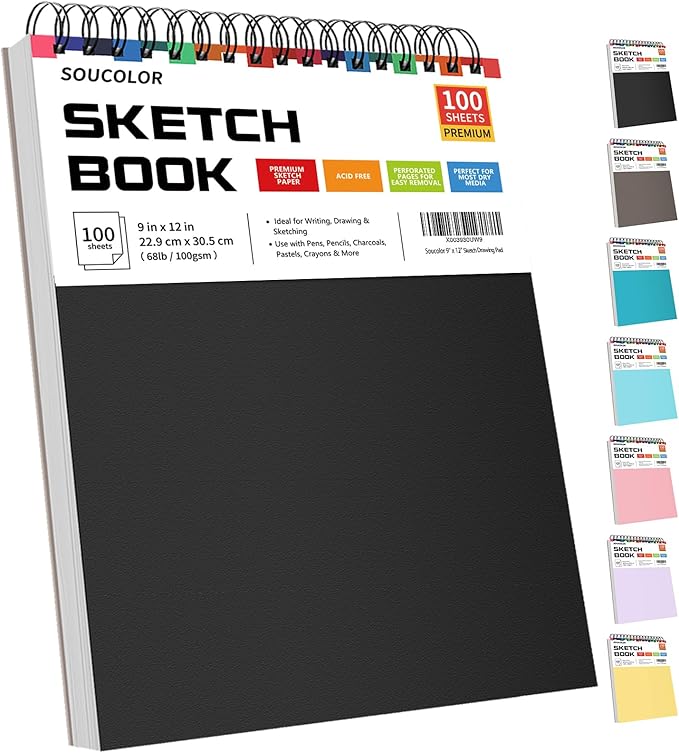 Soucolor Sketch Book, Spiral Bound Acid-Free Sketchbook with 68lb/100gsm for Paper Painting, Drawing, Writing, Artist Sketching Pad for Kids, Adults & Teens, 100 Sheets (Black, 9 x 12 Inch, Pack of 1)