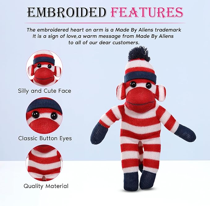 Adorable Sock Monkey, The Original Traditional Hand Knitted Stuffed Animal Toy Gift-for Kids, Babies, Teens, Girls and Boys Baby Doll Present Puppet (16" Red)