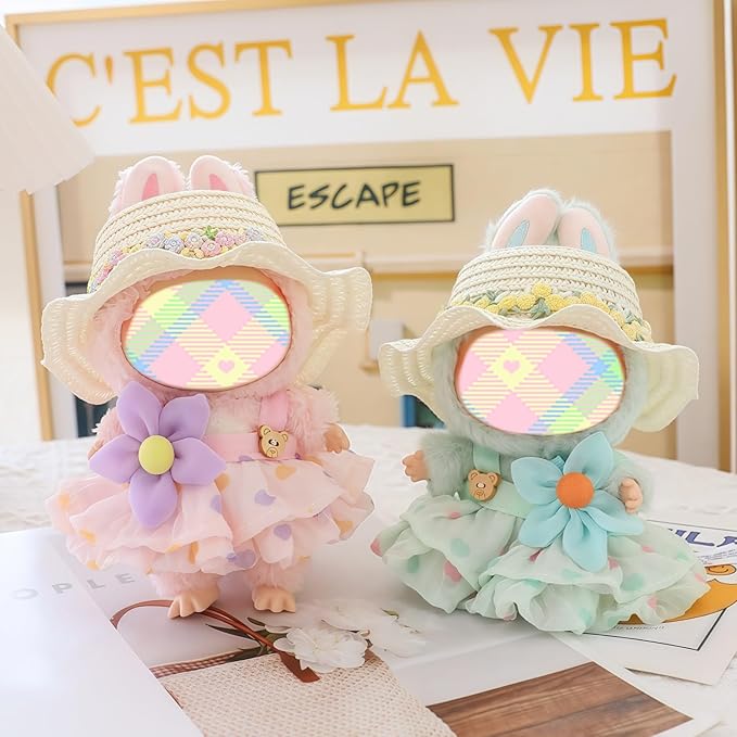 Clothes for Doll Accessories (No Doll), Kawaii Hat Skirt Outfit Set 3 Pieces for 15cm 17cm Dolls Suit, Stylish Flower Dolls Hat Clothing Set Replacement Green
