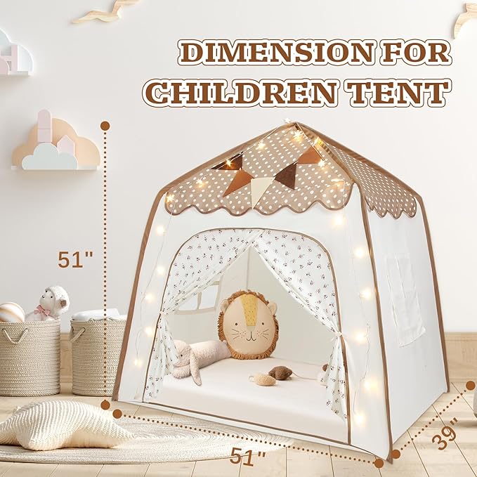 Toddler Bed Tent, Kids Play Tent with Flags, Star String, Portable Bed Canopy for Boys & Girls, Children, Indoor Outdoor Dome Playhouse, Brown Dots & Floral Pattern, 51" x 39" x 51"