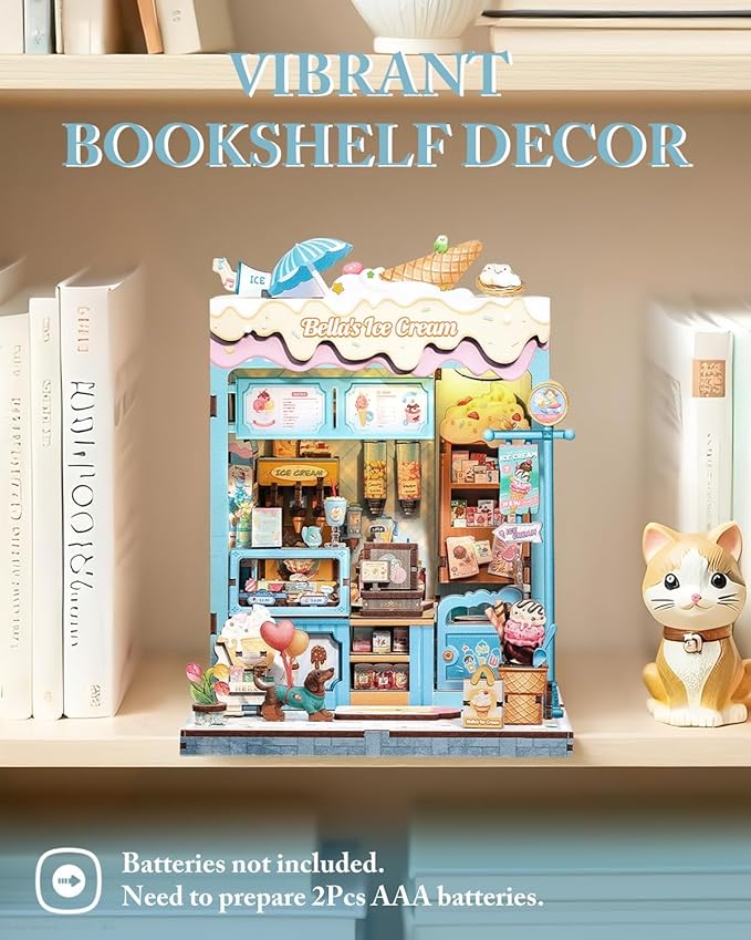 Cutefun Book Nook Kit - DIY Miniature Dollhouse Kit for Adults and Teens, Ice Cream Shop Mini House Building Kit with LED Bookshelf Insert Decor Creative Gifts (Bella's Ice Cream)