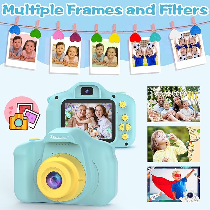 PROGRACE Kids Camera with 32GB SD Card, HD Digital Video Camera for Toddlers, IPS HD Screen, Birthday for Boys and Girls Ages 3-12 – Blue