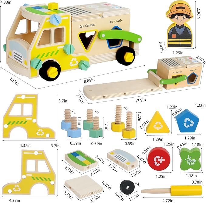 Wooden Recycling Truck Toy Take-Apart Garbage Sorting Truck