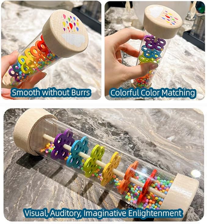 Wooden Rain Stick Montessori Toys for Babies 6-12 Months, Rain Sticks for Kids, Baby Rattle Sensory Developmental Musical Toy with Calming Rain Sounds, Toddler Educational Gift for 1 Year Old - 7.7"