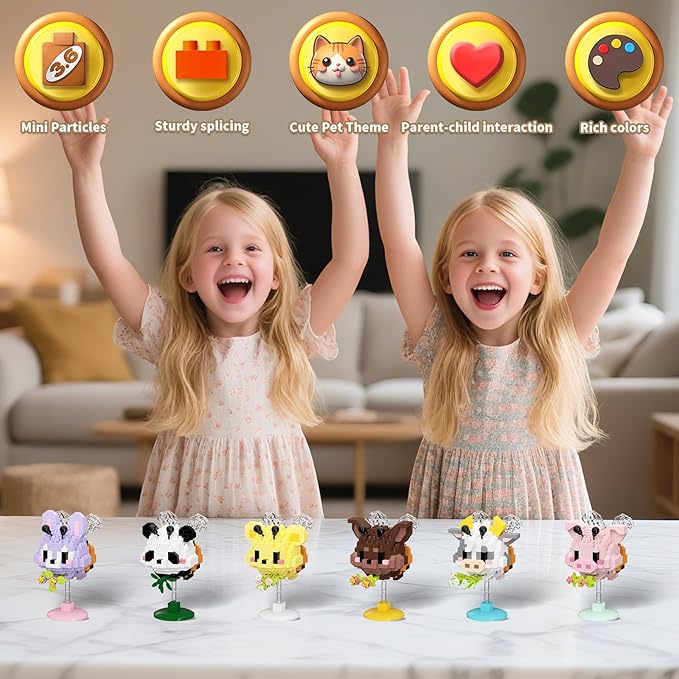 Cute Cartoon Animal Mini Micro Building Blocks Set - 6 Mini Designs with Display Stands, Ideal for Party Favor for Kids and Building Blocks for Adults. Educational Toys for Kids