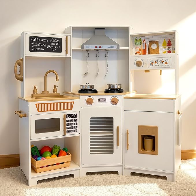 YUG Kids Play Kitchen Set with Real Lights & Sounds Toddler Kitchen Playset Including Stove, Oven, Ice Maker, Range Hood, Corner Pretend Kitchen Toy for Boys Girls Ages 3+, ASTM CPSIA Compliant