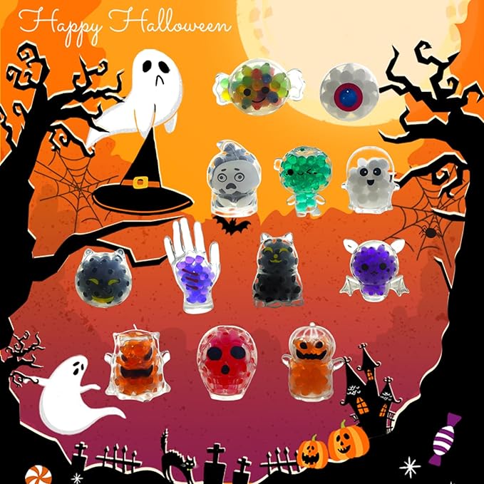 24-Piece Halloween Squishies – Halloween Stress Balls Miniatures for Kids and Adults, Squishy Fidget Toys for Halloween Party Favors, Halloween Prizes, Trick-or-Treat Giveaways
