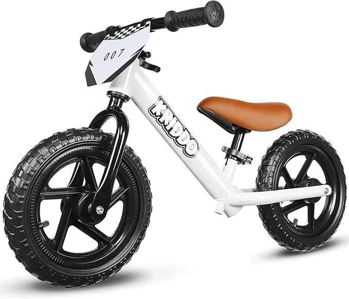 KRIDDO Toddler Balance Bike 2 Year Old, Age 24 Months to 5 Years Old, 12 Inch Push Bicycle with Customize Plate (3 Sets of Stickers Included), Gift Bike for 2-3 Boys Girls, White