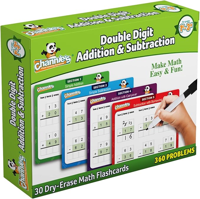 Channie’s Double Digit Addition and Subtraction Flash Cards, 30 Dry Erase Educational Math Flash Cards for Kids, Ideal for 1st to 3rd Grade, Level 2 Color-Coded Cards, 360 Two-Digit Problems