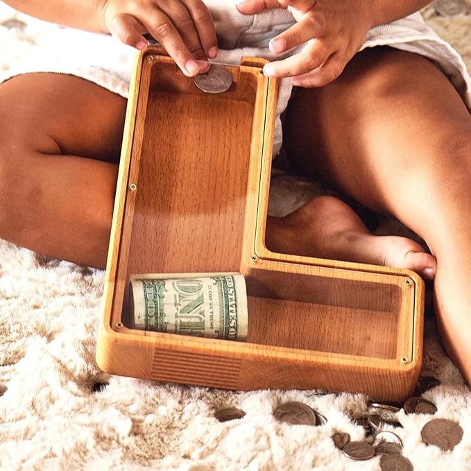 Personalized Wooden Piggy Bank – Custom Letter L Coin Bank in Beech Wood with Clear Acrylic Front, Engraved Name Option, Money Saving Box for Kids and Adults