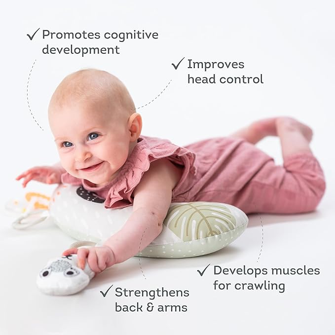 Taf Toys Ergonomic Tummy Time Cushion with Teether and Rattle - Soft and Supportive Baby Cushion for Enhanced Motor Skills Development