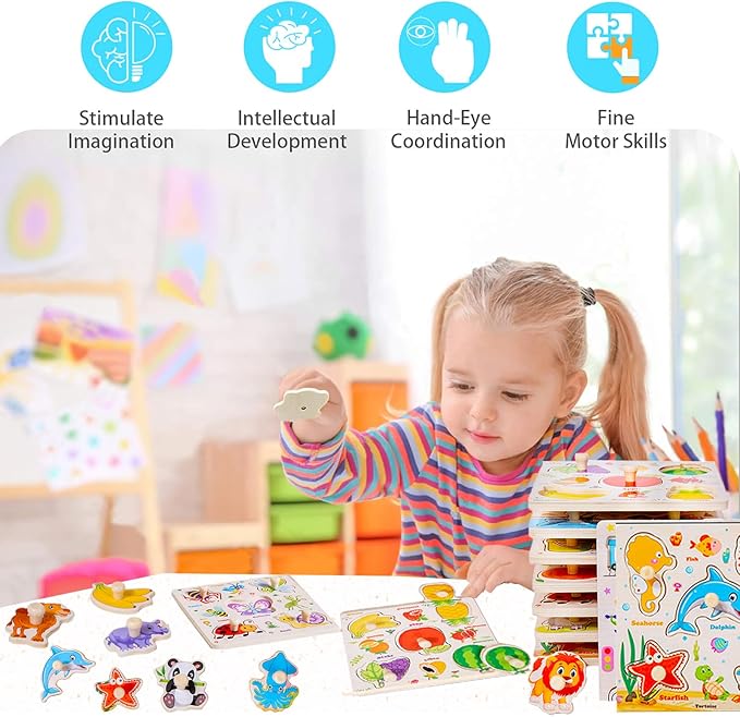 Wooden Puzzle for Toddler 1-3, 8Pcs Peg Puzzles for Toddler 2-4, Learning Puzzles Set, Wooden Puzzles Peg-Animals, Dinosaur, Fruits, Vegetable, Insect Great Preschool Gifts for Girls Boys