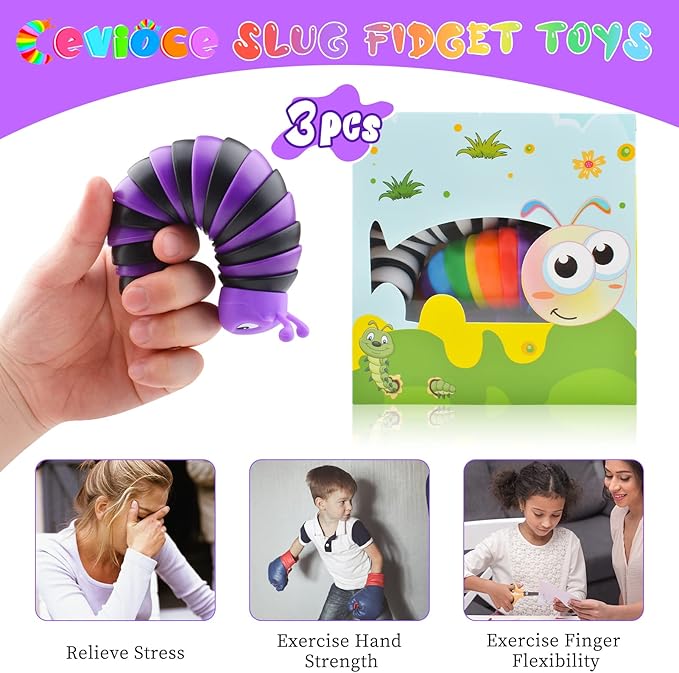 Cevioce Fidget Slug Toy, Sensory Slug Fidget Toys for Kids & Adults, 3 PCS Autism Sensory Toys for Autistic Children Toddlers, Toddler Toys - 3 4 5 6 7 8+ Year Old Girl Boy Birthday Gifts A
