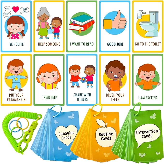 QUOKKA Autism Learning Materials - Communication Cards for Kids - 94 Visual Flashcards with 3 Rings & Clip