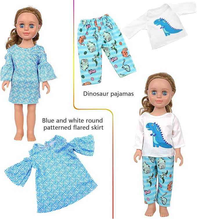 MSYO 10 Sets (19 Pcs) Doll Clothes for 17-18 Inch Dolls, Diverse Outfits (Dinosaur Print, Flamingo Top, Floral Dress) & Casual Wear, Fashion Dress-Up Set for Kids’ Play & Gifting