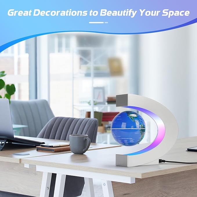 Magnetic Levitating Floating Globe Lamp with Multicolor LED Lights, Cool Gadgets C Frame Floating Globe for Office Home Desk Decor, Cool Tech Gift for Men Father Husbands Boys and Girls