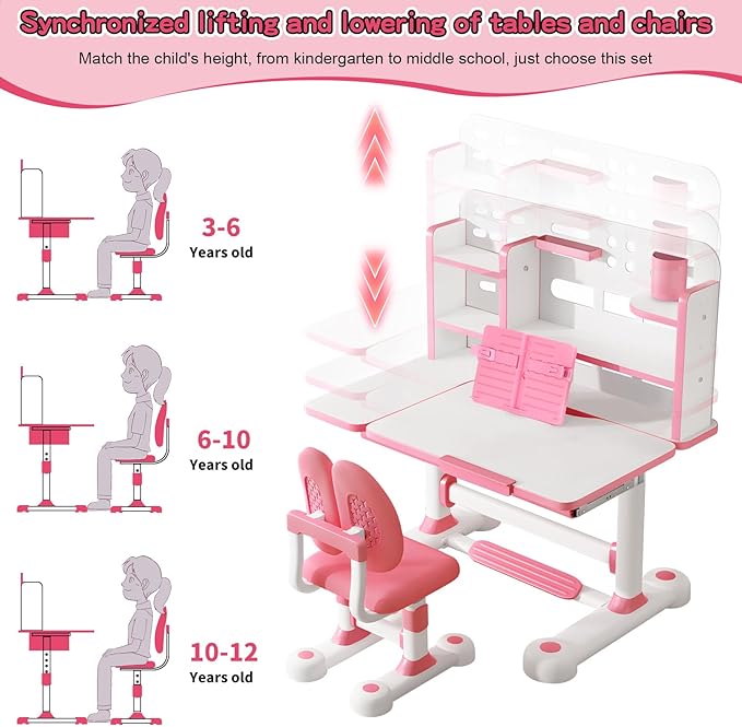 2025 NEW Kid's Study Desk and Chair Set, Ergonomic Height Adjustable Children Study Desk with Tilt Desktop, Book Stand, Light, Metal Hook and Storage Drawer,Gift for Boys Girls (Pink 119cm lean)