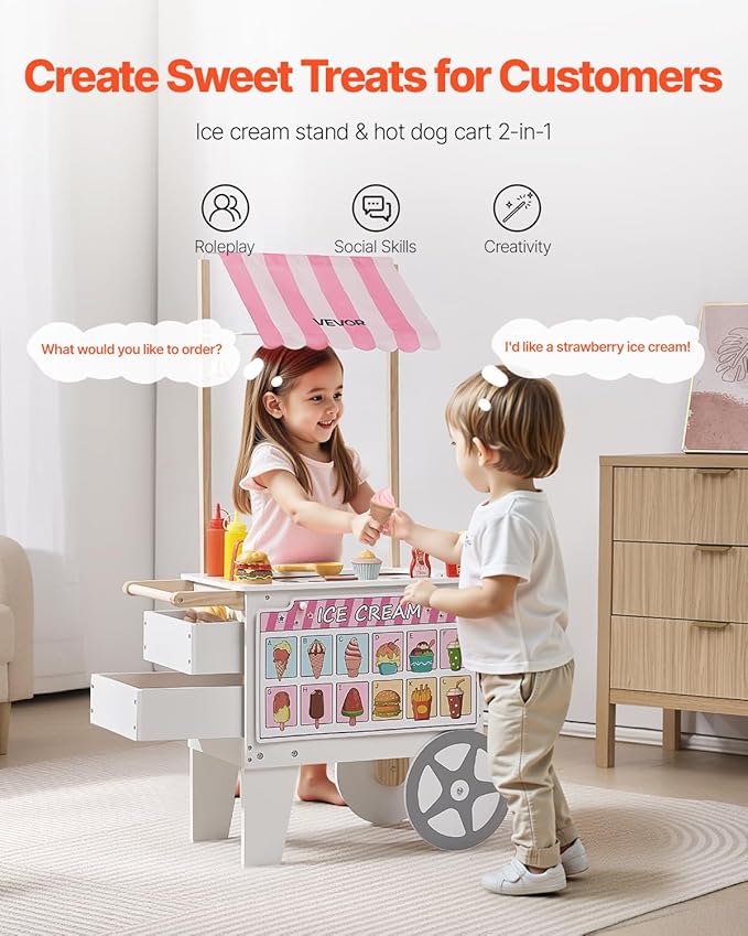 VEVOR Ice Cream Cart for Kids, 20+ PCS Accessories, Pretend Play Ice Cream Shop Kitchen Food Toys with Ice Cream Cone & Popsicle, Awning & Freezer, Storage Drawers & Flipping Menus, for Kids Aged 3-7