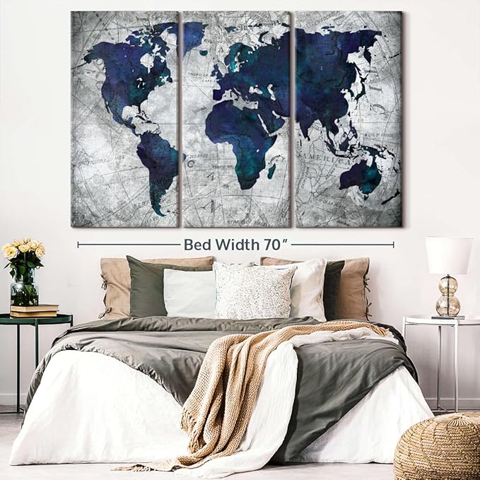 ElephantStock Deep Blue World Map Multi Piece Canvas - 3 Panel Wall Decor - Map of the World Art - Canvas for the Office and Home - 74" X 48"