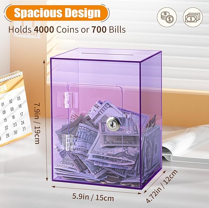 Hicocool Clear Piggy Bank with Lock, Acrylic Piggy Bank for Adults Kids Openable, Reusable Money Saving Box with Key for Birthday (Purple)