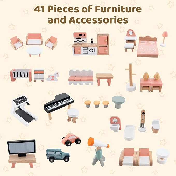 Costzon Wooden Dollhouse for Kids, 3-Story Luxury Doll House with 41 Pieces Furniture Accessories, 8 Rooms, Stairs & Balcony, DIY Pretend Dollhouse Playset, Gift for Girls Toddlers Ages 3+ (Pink)