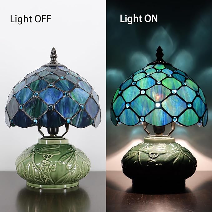 Small Tiffany Lamp Mushroom Table Lamp, Mini Stained Glass Desk Light Memory Sympathy Ceramic lamp 8X11 Inch (Sea Blue Pearl Style)