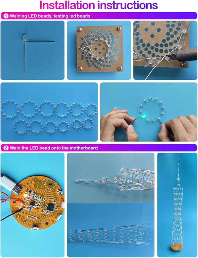 Led Canton Tower Model DIY Electronic Kit, LED Cube Model Handmade Soldering Project Kit, 12 LED Circles, Height 38cm. (GZT-12 KIT)