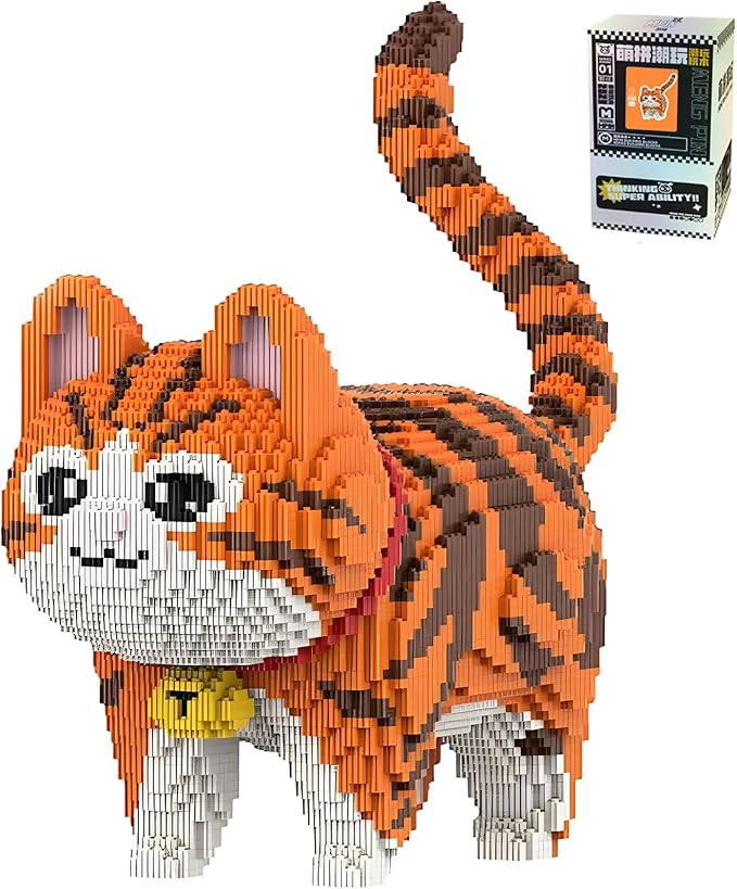Animal Orange Striped Bell Cat Micro Mini Building Blocks Sets Large Cute Cat Building Kits Model Toys Gift for Adults Kids Teens 6665 PCS