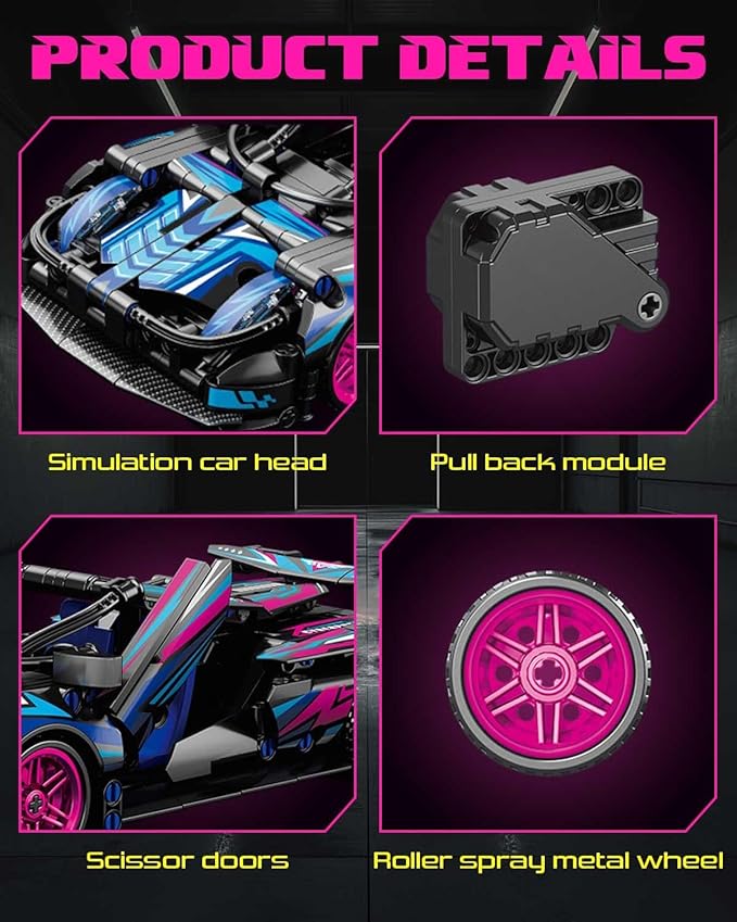 Sosuy Building-Block Race-Car Set, 1:18 Technical Model Kit 513 Pcs DIY Pull-Back Cyberpunk Toy for Boy Girl Kid Age 6+ Year, Birthday Gift for Teen Adult Display, Speed Super Sports Cars Bricks Icons