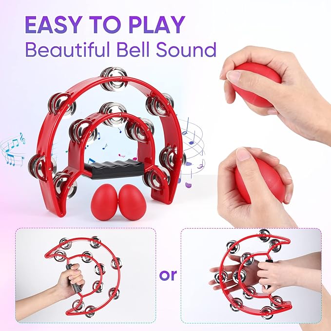 Tambourine Musical Instrument for Adults - 10 Inch Tambourines Half Moon with Egg Shakers Double Row Metal Jingles Handheld Percussion Instruments for Church Dance Party Events KTV (Red)