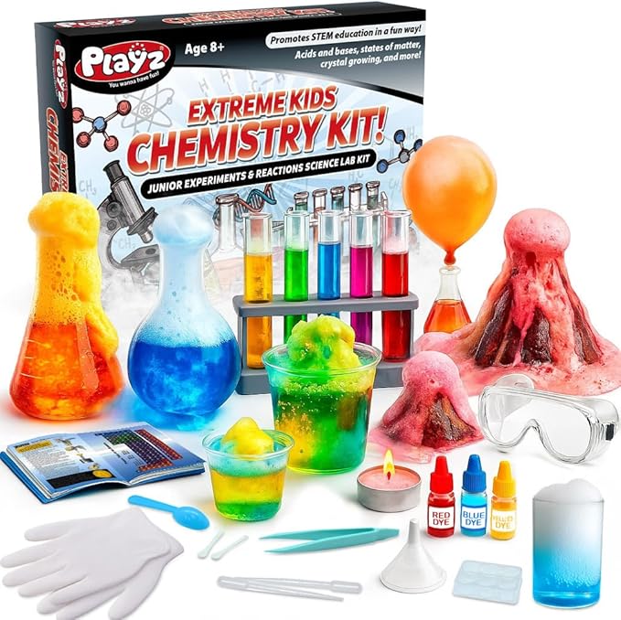 Playz Extreme Chemistry Set – 52 Unique Experiments, Science Kits for Kids Age 8-12, Lab Gear, Volcano Project, Learning Tools, Fair Activity, Discovery Gift, STEM Toys for Boys and Girls