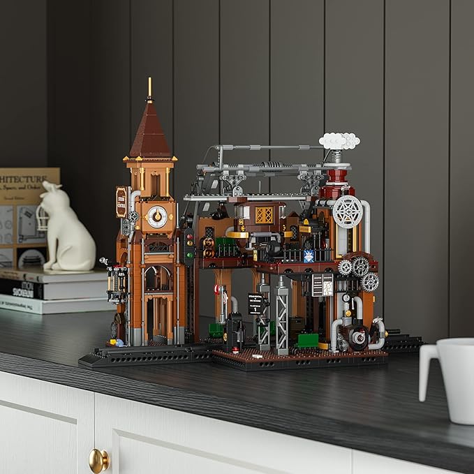 FUNWHOLE Train-Station Lighting Building Bricks Set - Steampunk LED Light Building Set 1843 Pieces for Adults and Teens